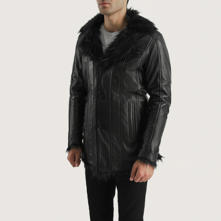 Mens Furcliff Black Leather Coat Side Pose-3-1700223625240